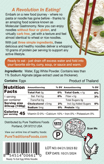 Pure Traditions Noodle Revolution Keto Noodles, 1G Carbs, 10G Protein, Ready to Eat, 3.5 oz (Pack of 6), Certified Paleo, Vermic