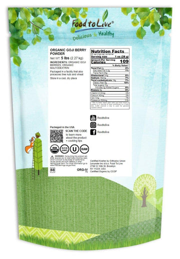 Food To Live Organic Goji Berry Powder, 5 Pounds Non-Gmo, Kosher, Vegan, Bulk, Contains Maltodextrin