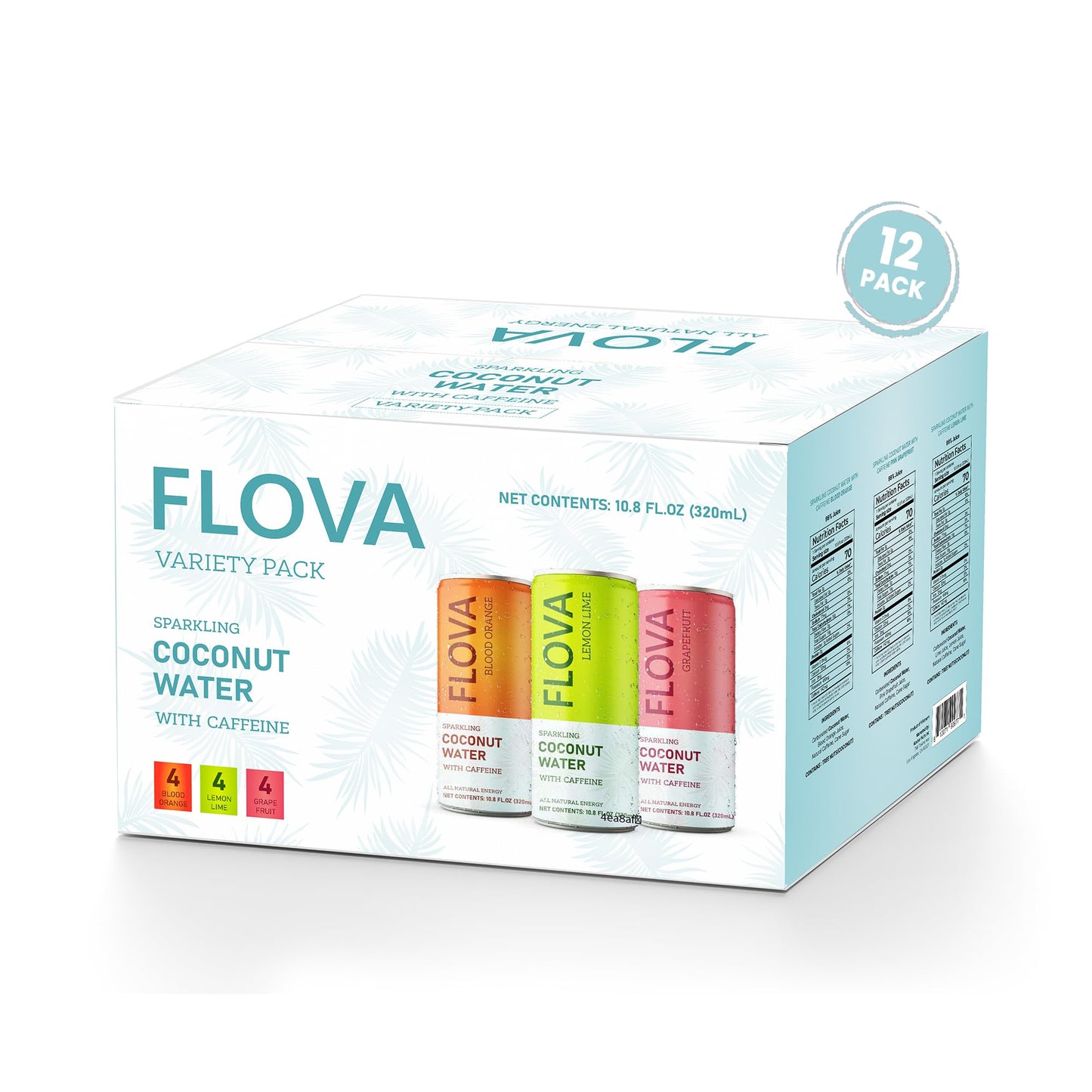 Flova Energy Drink  All Natural  Electrolytes and Minerals from Coconut Water  4 Simple Easy to Pronounce Ingredients  99% Juice  Assorted Pack of 12 Cans