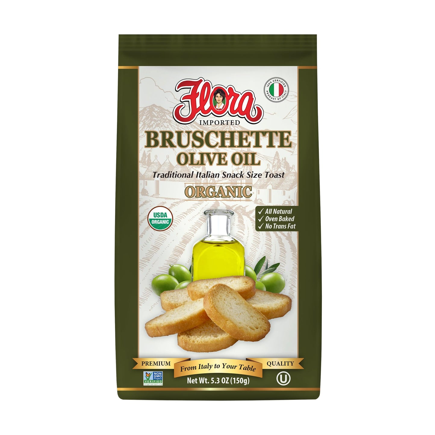 Flora Fine Foods Organic Bruschette Mini Toasts, Olive Oil, Oven Baked, 5.3 oz (150g), USDA Organic, No Trans Fat