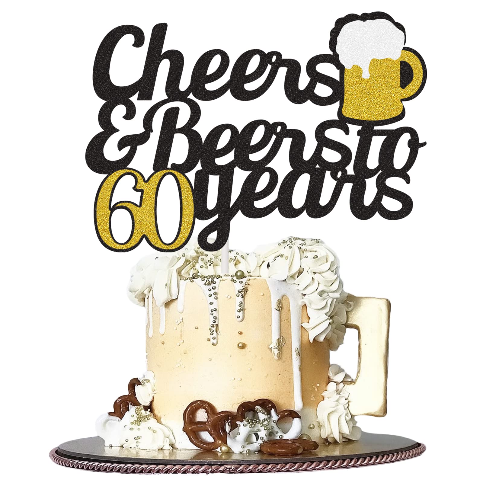 Cheers To 60 Years Cake Topper, Happy 60Th Birthday Cake Topper, 60Th Anniversary Birthday Party Supplies Black And Gold Glitter