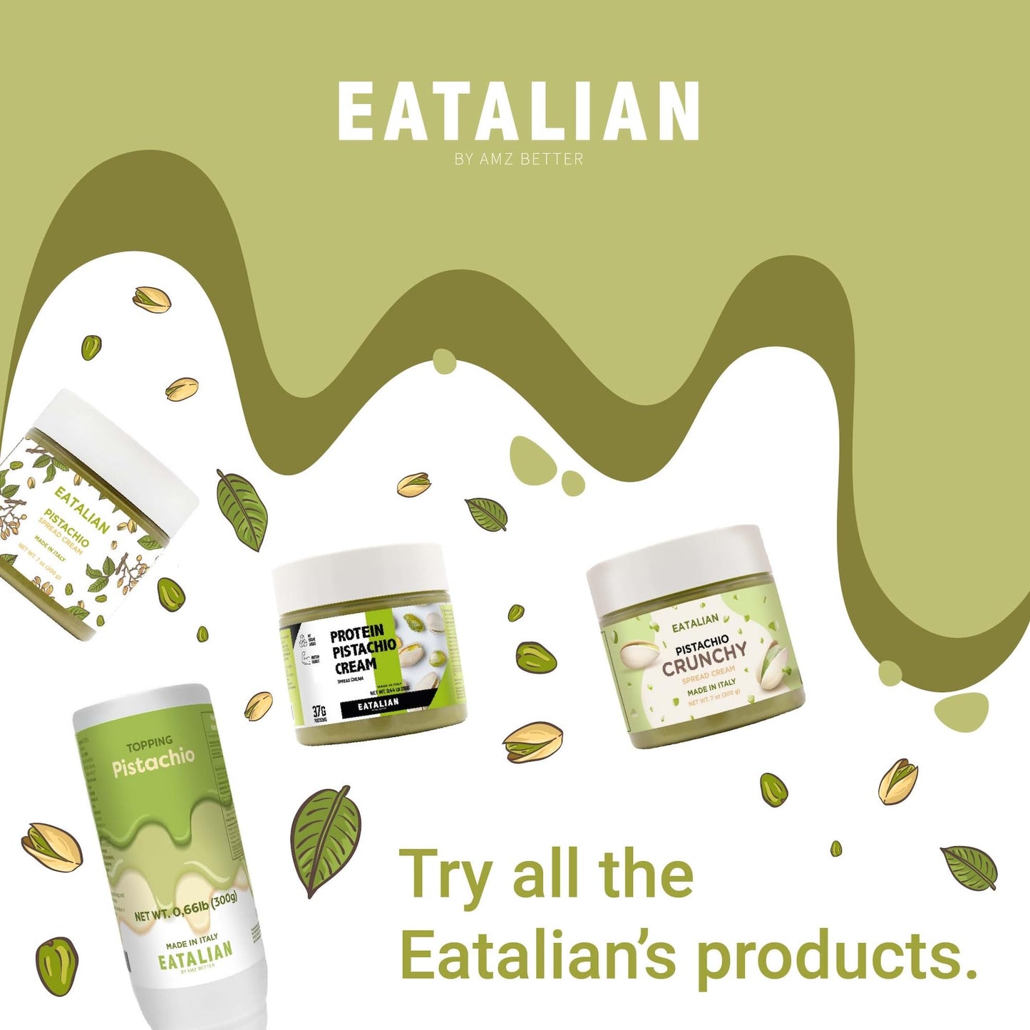 EATALIAN by AMZ BETTER Pistachio Cream, 17.63 oz/500 gr, Delicious Spreadable Cream with Sweet and Unique Taste, Perfect with Ic