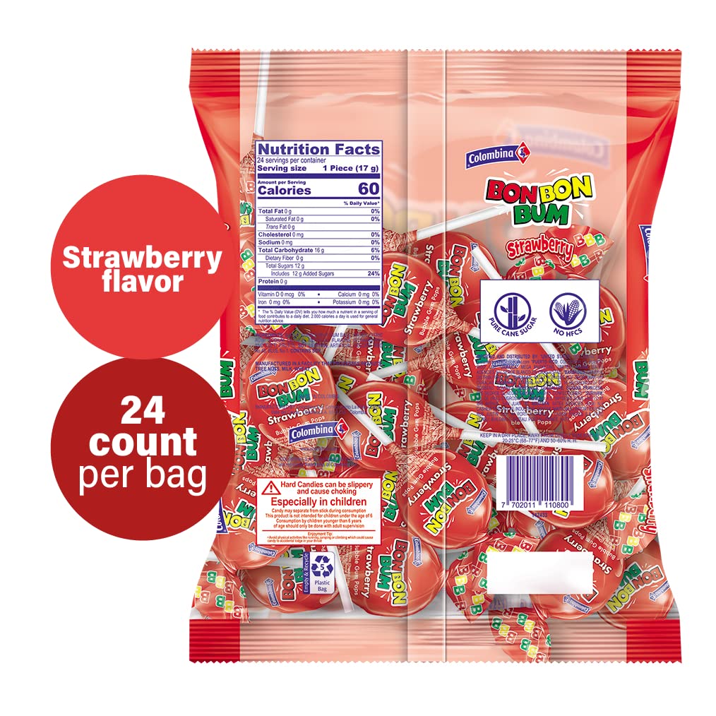 Colombina Bon Bon Bum Lollipops W/Bubble Gum Center - Watermelon Candy Flavor, Pack Of Individually 24 Wrapped Gluten Free Pops,
