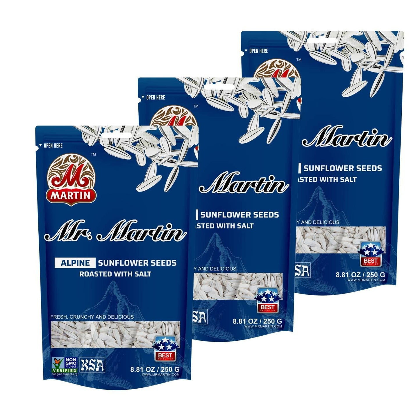 Mr. Martin Freshly Roasted Alpine Salted Sunflower Seeds To Eat – Non-Gmo, Kosher, Crunchy, Delicious, Vegan, Keto Friendly, Low Sodium Snack – 5.25 Oz, Alpine, 3 Pack