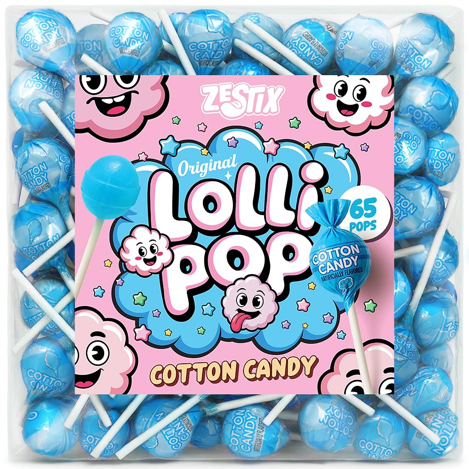 Zestix Cotton Candy Mini Lollipops - 65 Count Bulk Candy Pack, Individually Wrapped, Medium Size, Perfect for Kids and Parties