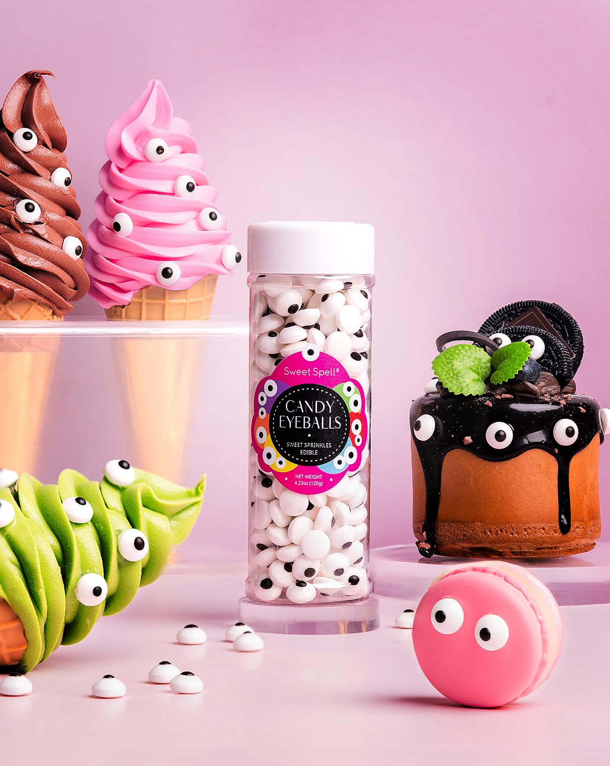 Sweet Spell Candy Eyeballs - 260 Edible Sprinkles for Halloween Baking, 120g, Small, White
