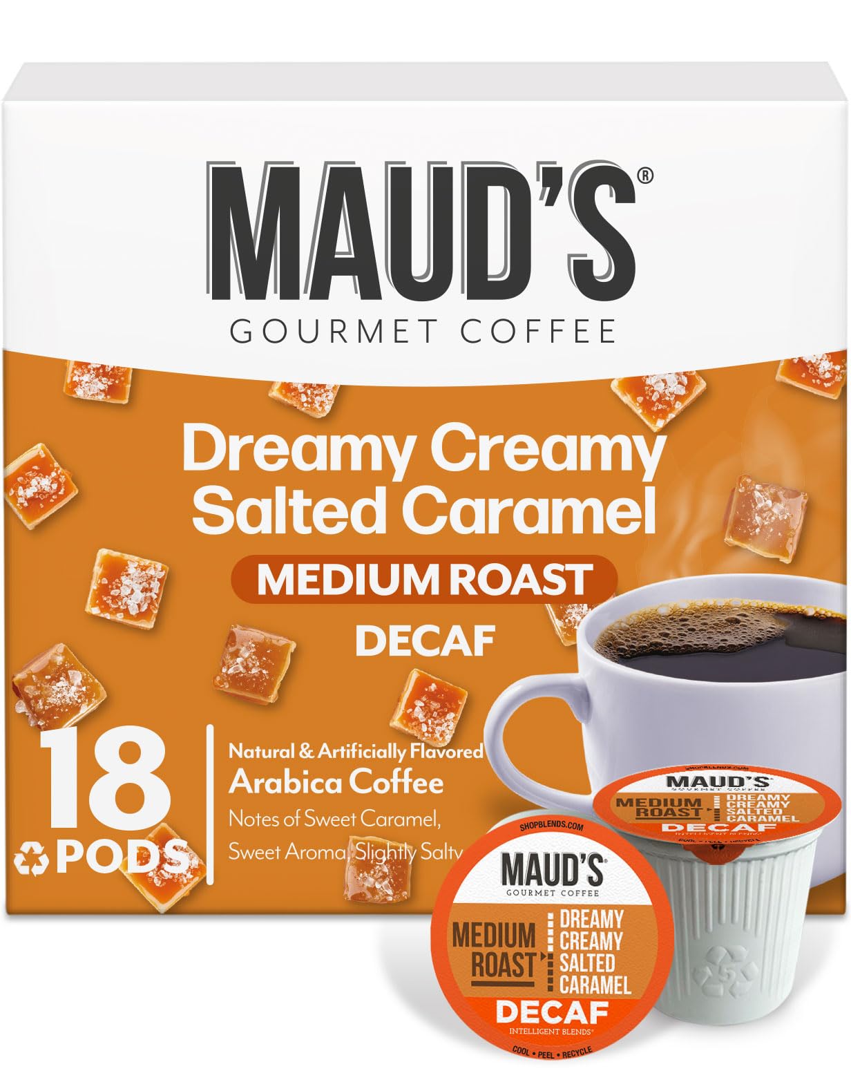 Maud's Decaf Salted Caramel Flavored Coffee Pods, 18 ct, Decaffeinated Medium Roast Flavored Coffee in Recyclable Single Serve P