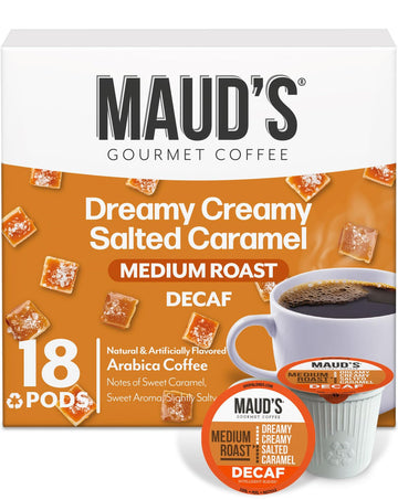 Maud's Decaf Salted Caramel Flavored Coffee Pods, 18 ct, Decaffeinated Medium Roast Flavored Coffee in Recyclable Single Serve P