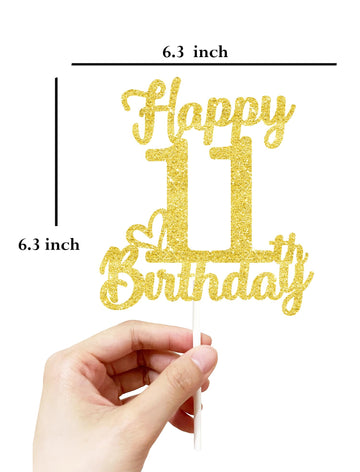 11Th Birthday Cake Topper - Double Sided Gold Glitter, Happy 11Th Birthday Cake Decorations For Girls,11 Cake Topper For Girls,