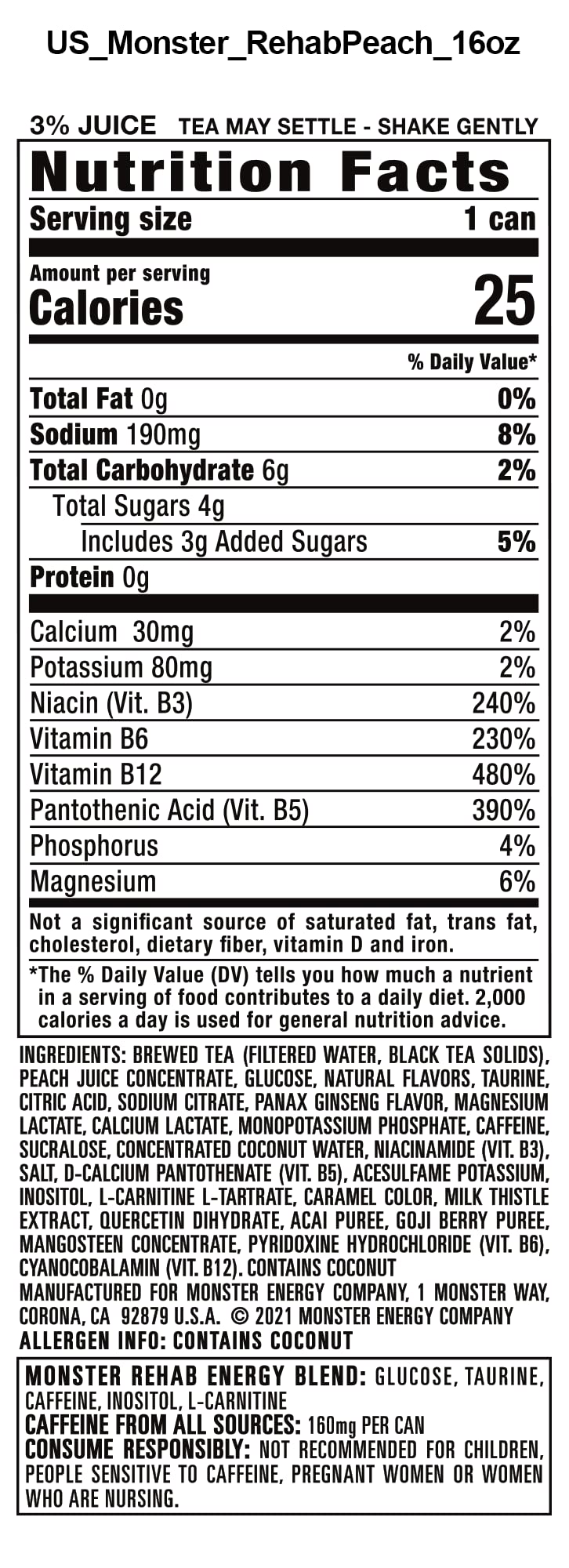 Monster Rehab Peach Tea + Energy, Energy Iced Tea, 15.5 Ounce (Pack of 24)