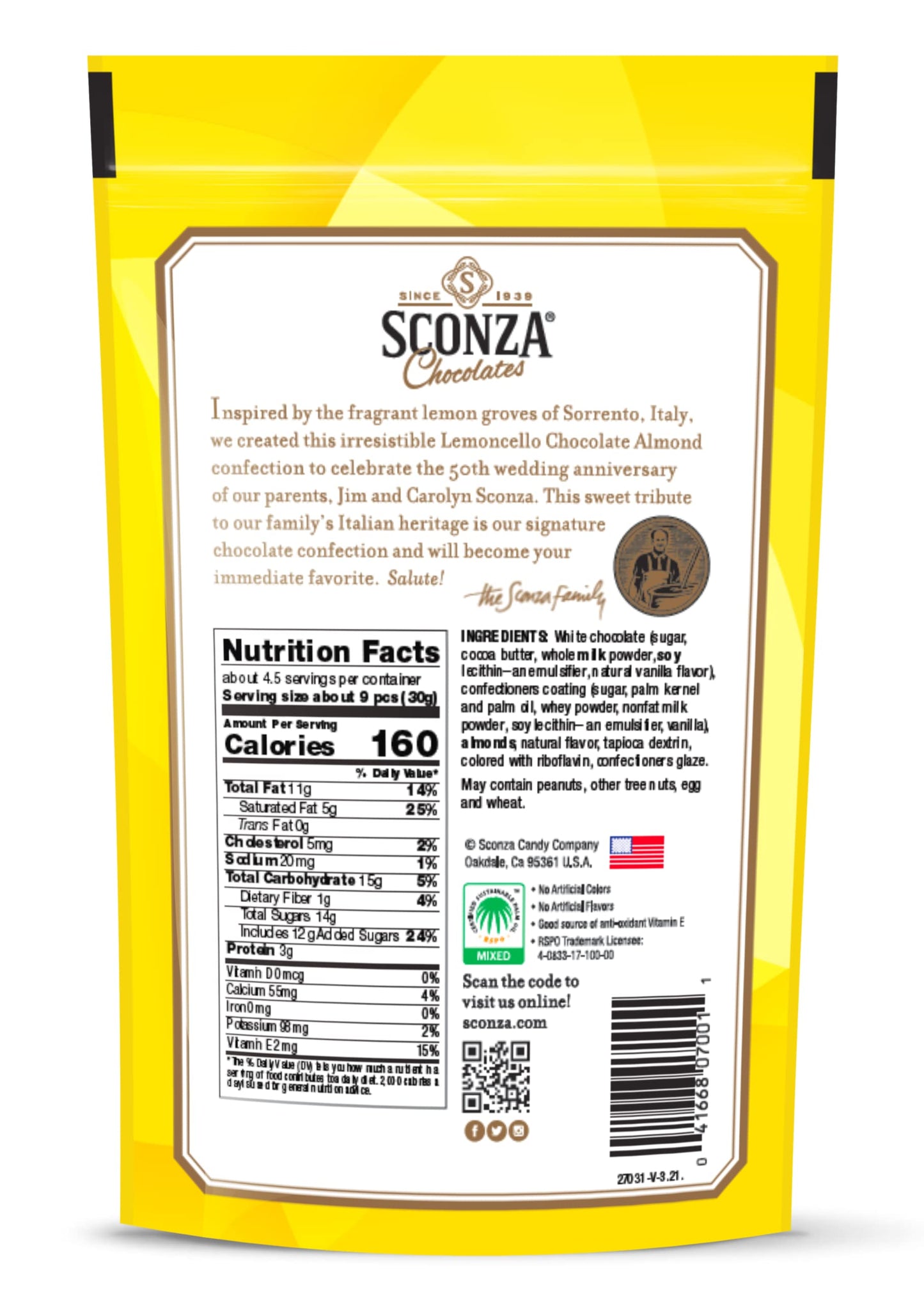 Sconza Lemoncello Lemon Cream & White Chocolate Almonds | Inspired By Italy'S Lemon Groves | Made In The Usa | Pack Of 3 (5 Ounc