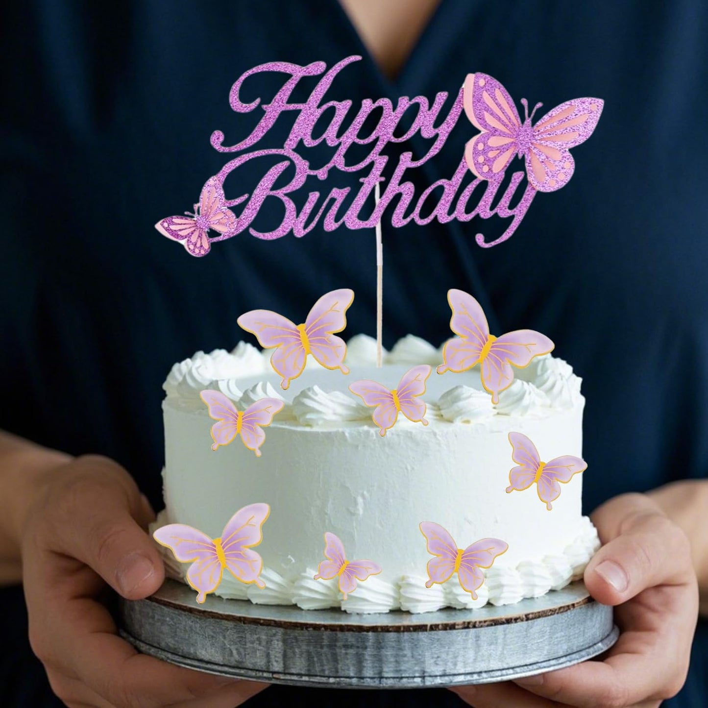 ALISSAR Glitter Purple Happy Birthday Cake Topper Set, Butterfly Cake Topper and 16 Pieces Butterfly Cupcake Toppers for Girls W