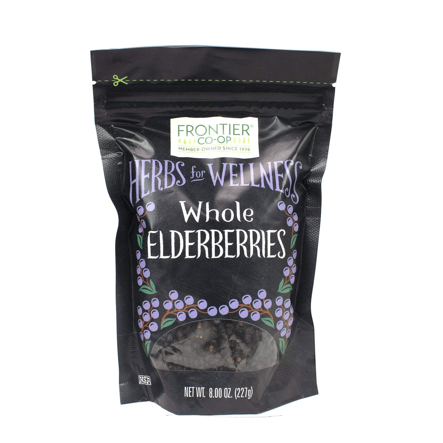Frontier Co-op Dried Elderberries, European Whole, 8oz Bag, Kosher, Non-GMO, Purple