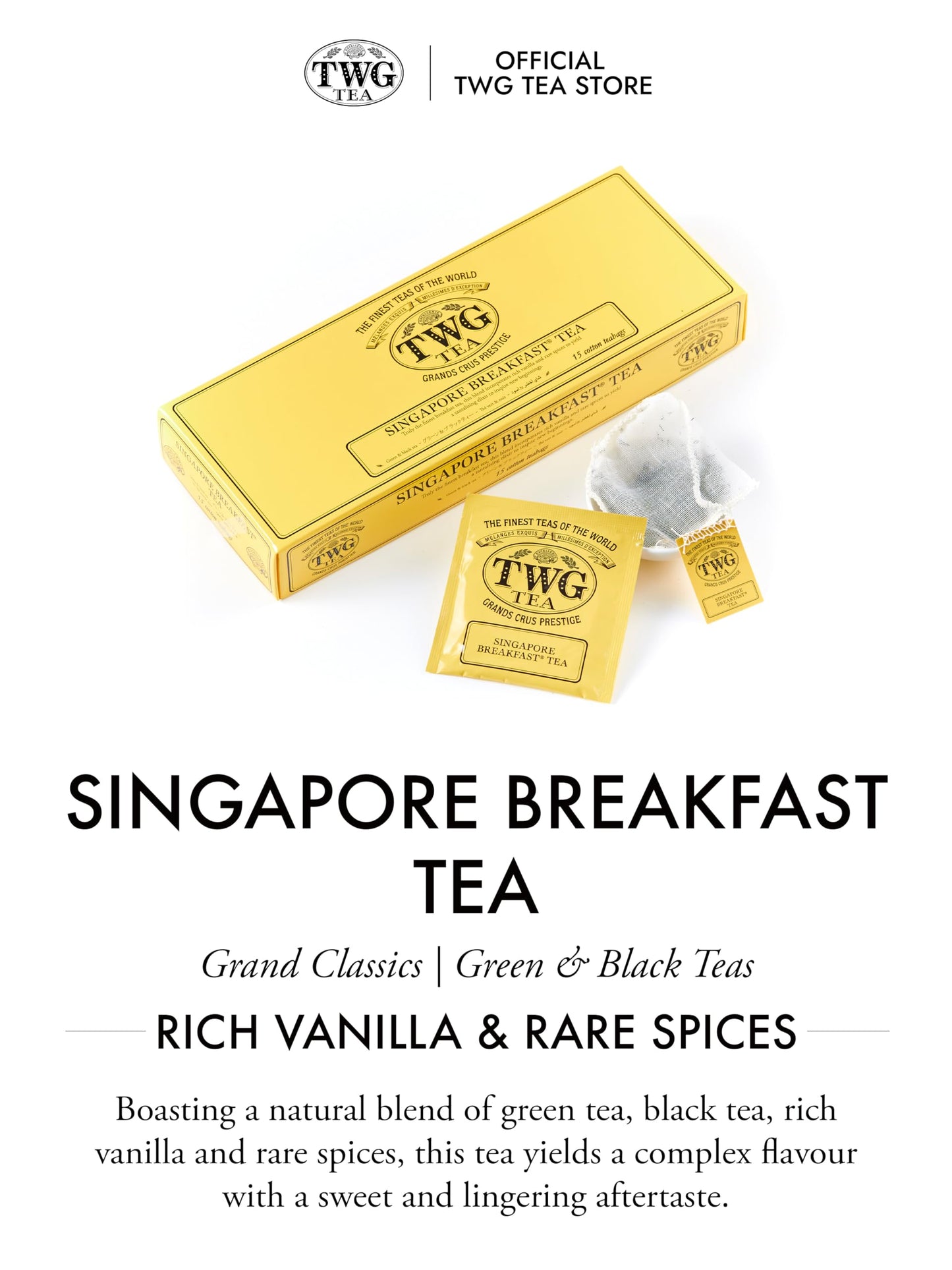 Twg Tea | Singapore Breakfast Tea | Black Tea & Green Tea | Vanilla & Spices | 15 Hand Sewn Cotton Tea Bags| Gift Set