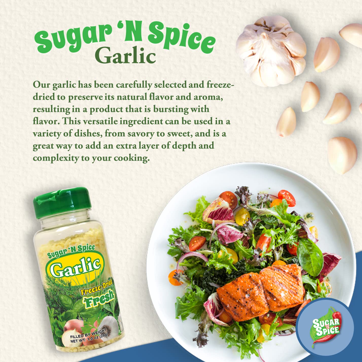 Sugar 'N Spice Premium Freeze-Dried Herbs & Spices, Strong Aroma And Fresh Flavor (Garlic, 1 Ounce (Pack Of 1))