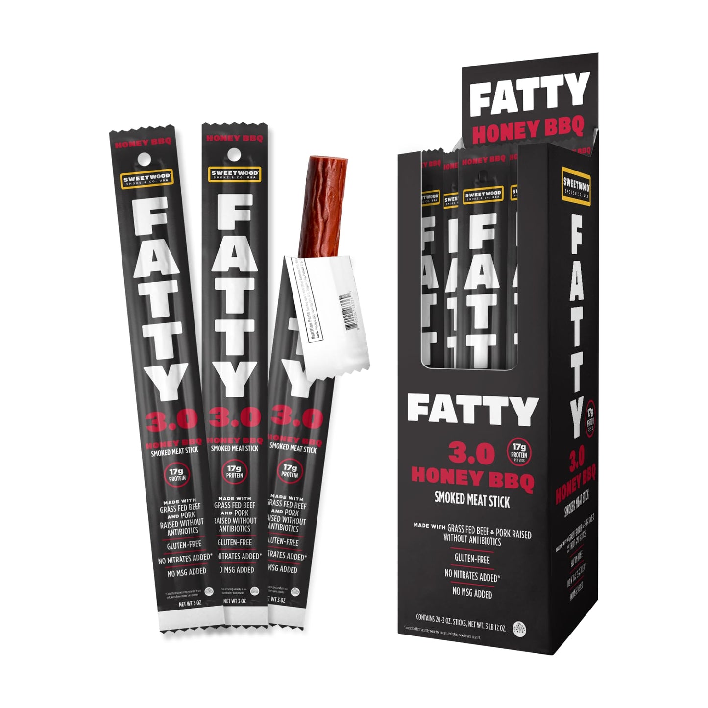 Fatty Grass-Fed Beef Rich Flavor Meat Sticks  Honey Bbq Flavor  19G Protein Per Stick  3 Oz. (Pack Of 20)