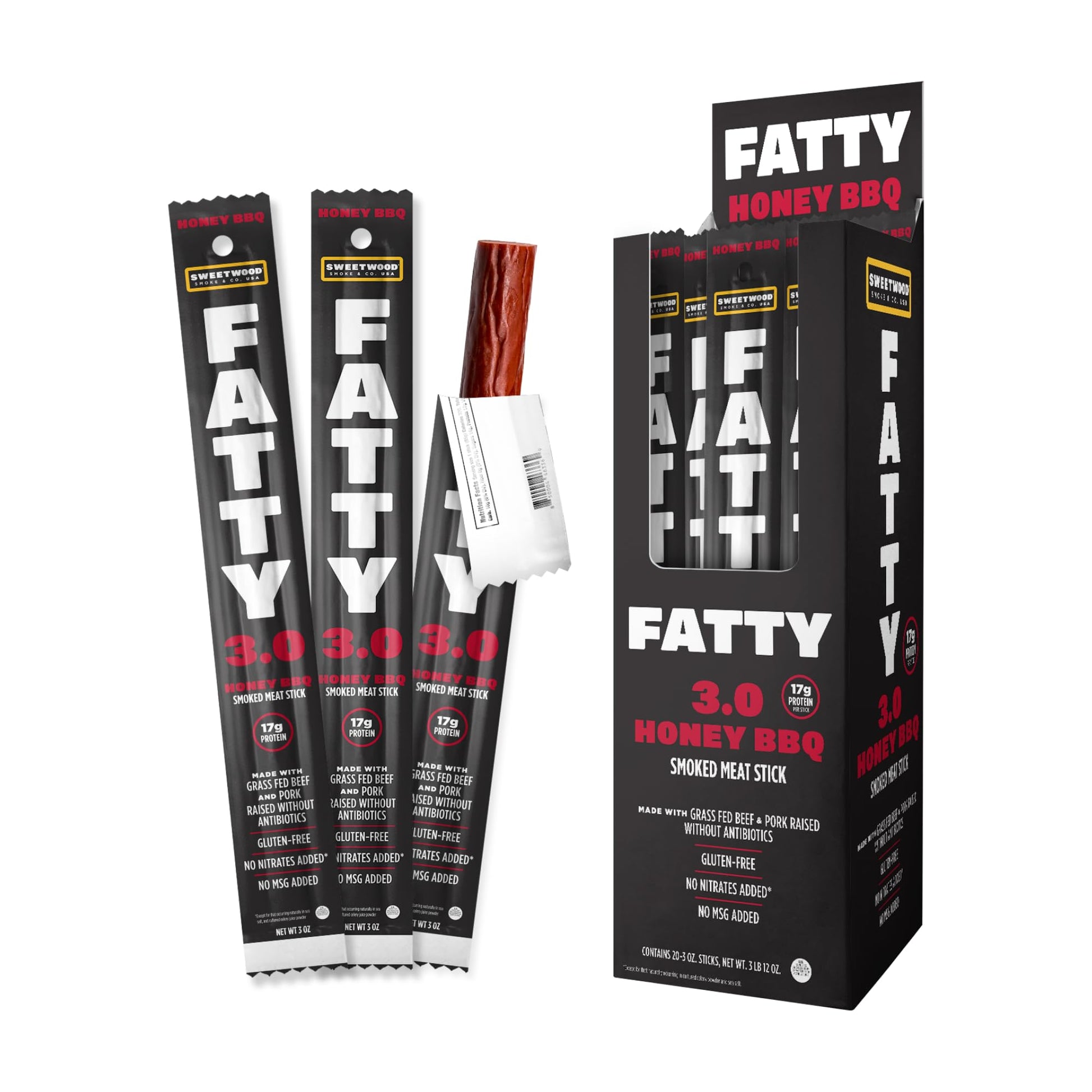 Fatty Grass-Fed Beef Rich Flavor Meat Sticks  Honey Bbq Flavor  19G Protein Per Stick  3 Oz. (Pack Of 20)