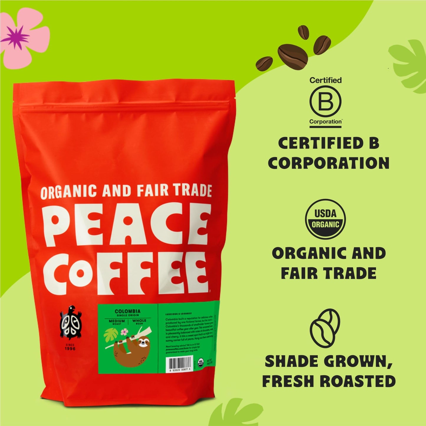 Peace Coffee Colombia Single Origin Coffee | 5 Lb Whole Bean Medium Roast | Organic Fair Trade | Smooth, Crisp Flavor | Shade Gr