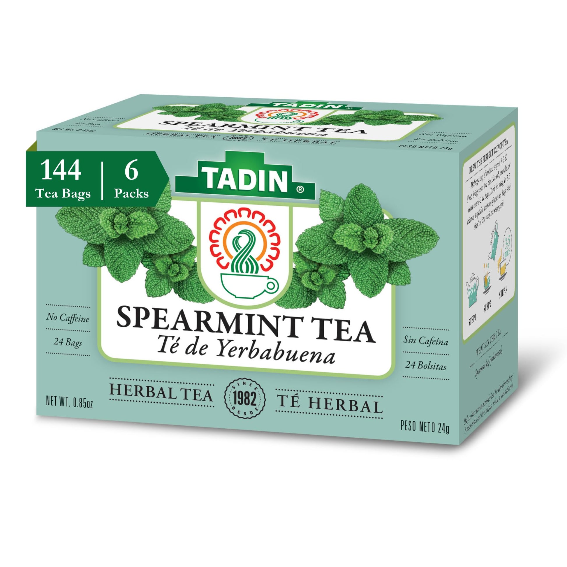 Tadin Spearmint Herbal Tea Bags, Caffeine Free, 24 Count (Pack of 6), Individually Wrapped, Great for Hot or Iced Tea