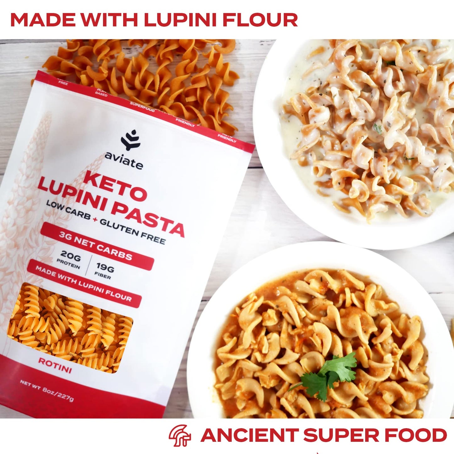 Aviate Keto Pasta Rotini - Low Carb (3G Net) Lupini Noodles, High Protein (20G), Gluten-Free, Made With Lupin Flour, Plant Based