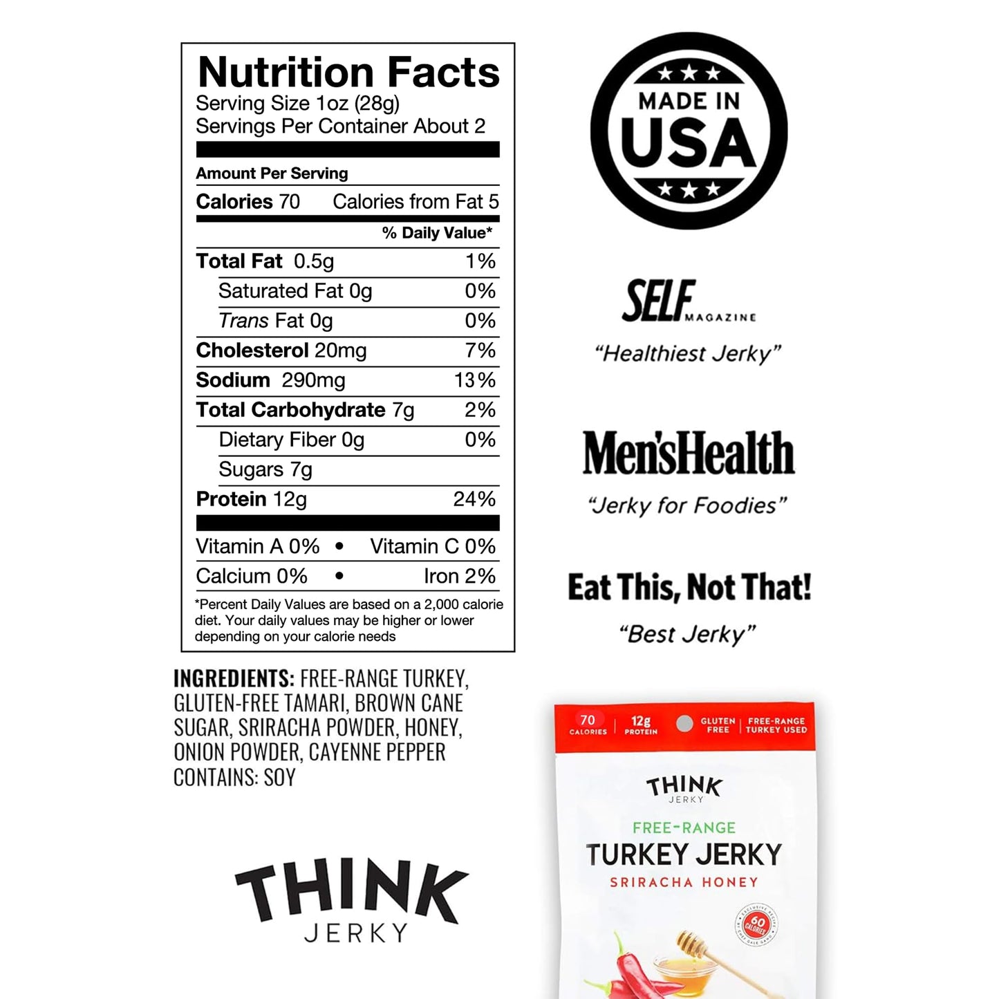 Think Jerky Sriracha Honey Turkey Jerky, High Protein, Gluten Free - 2.2 oz Bags, 8 Pack