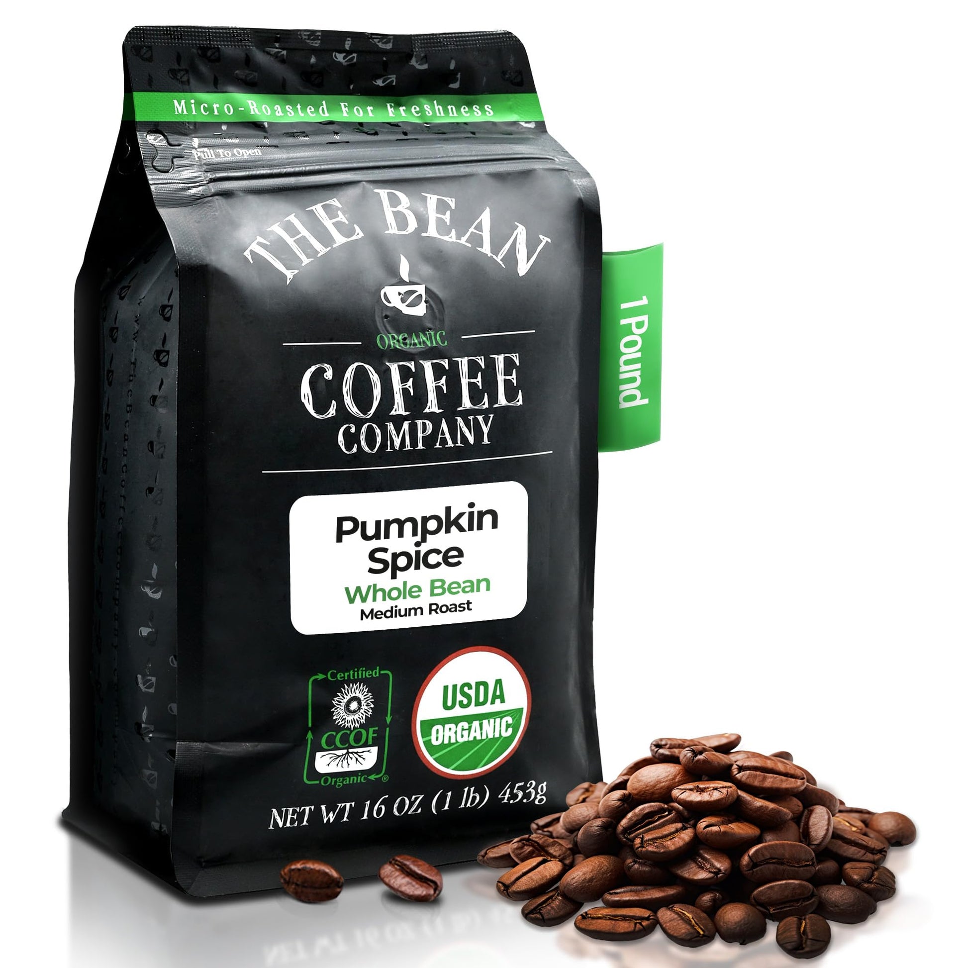 The Bean Organic Coffee Company Pumpkin Spice, Medium Roast, Whole Bean Coffee, 16-Ounce Bag