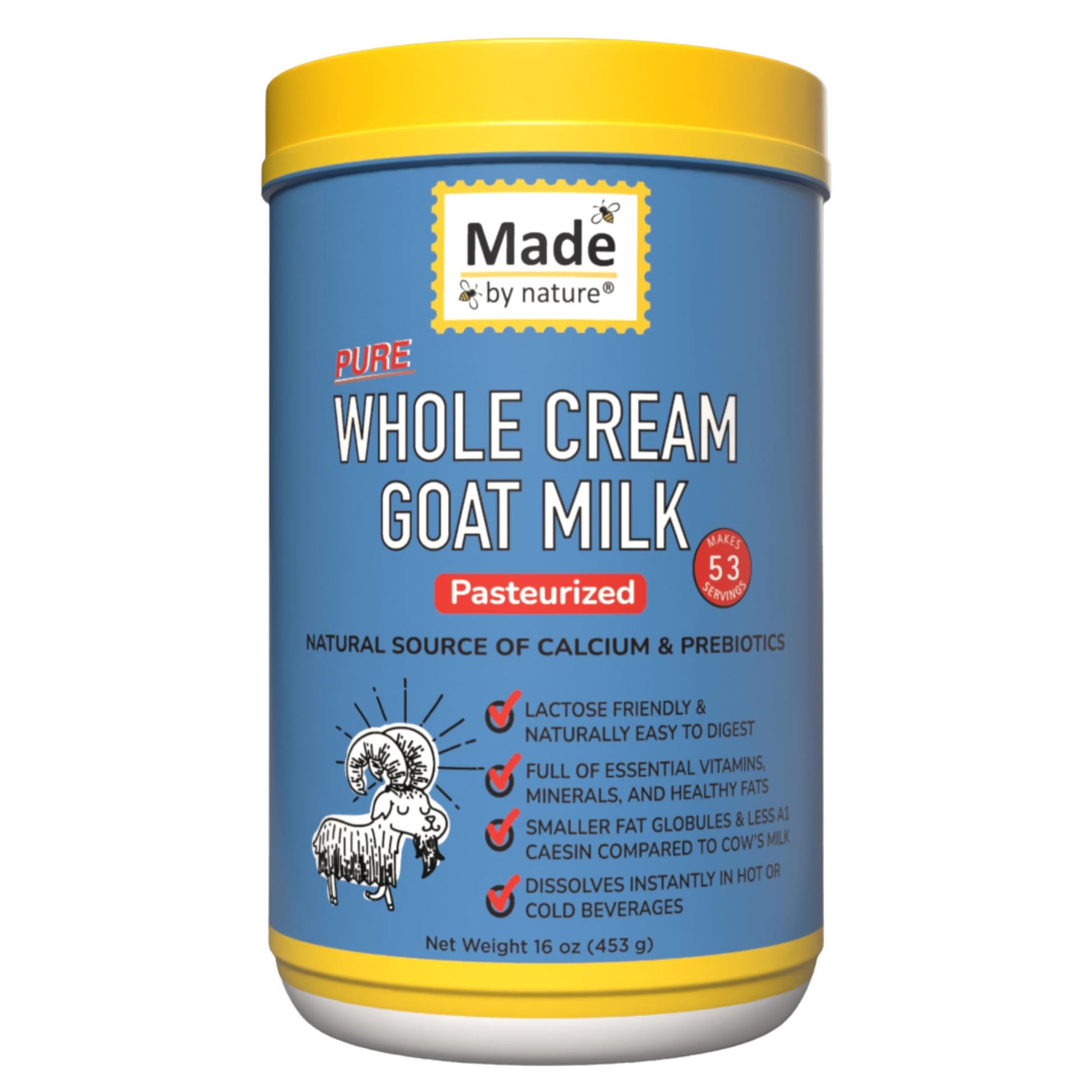 Made By Nature Pure Whole Cream Goat Milk Powder - 16 Oz - Lactose Friendly  Easy Digestion  Calcium  Prebiotics  Essential Nutrients  Healthy Instant Creamer  Baking  53 Servings