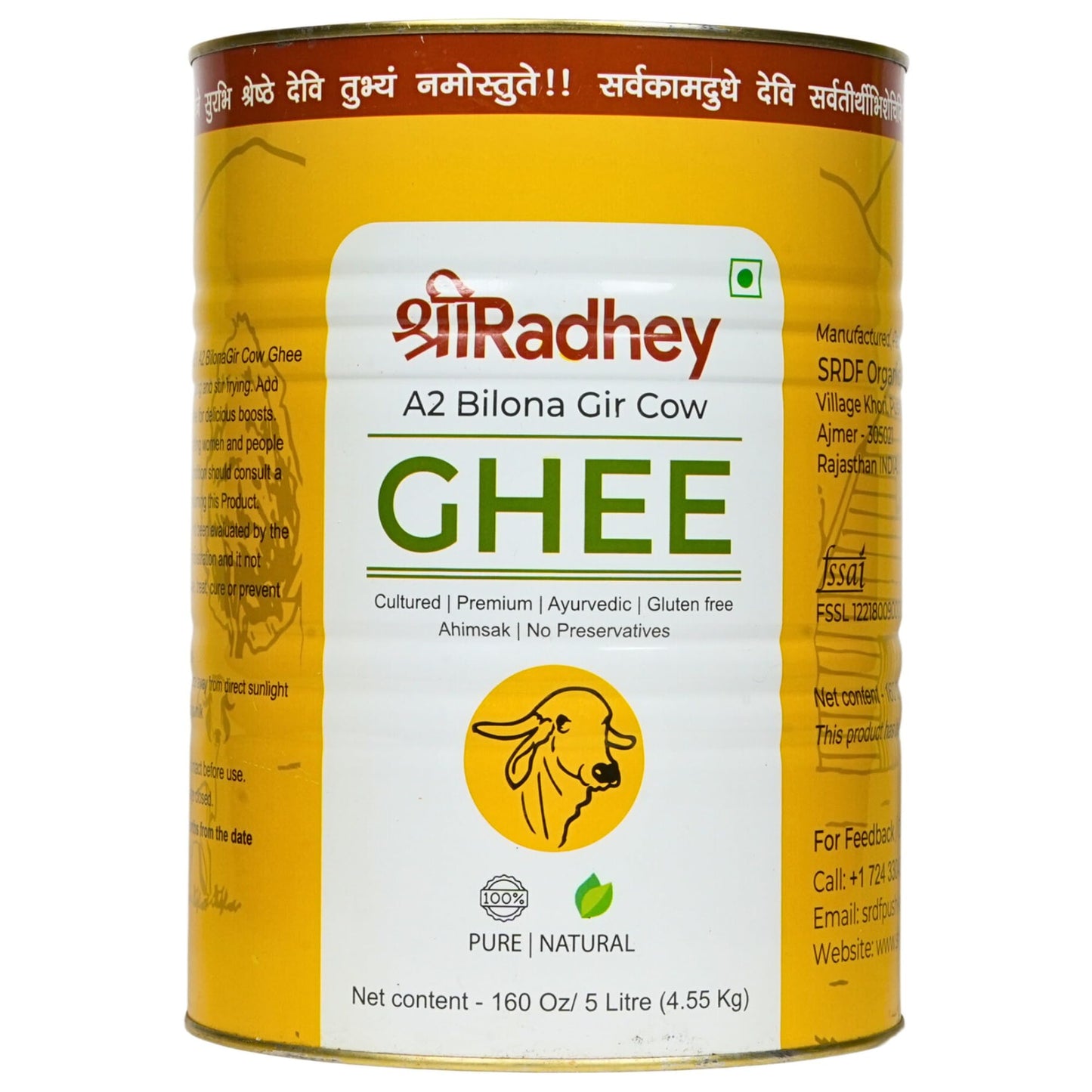 SHREERADHEY A2 Bilona Gir Cow Ghee, 5 Litre, Pure, Natural, Lactose & Gluten Free, Keto Friendly, Food Grade TIN