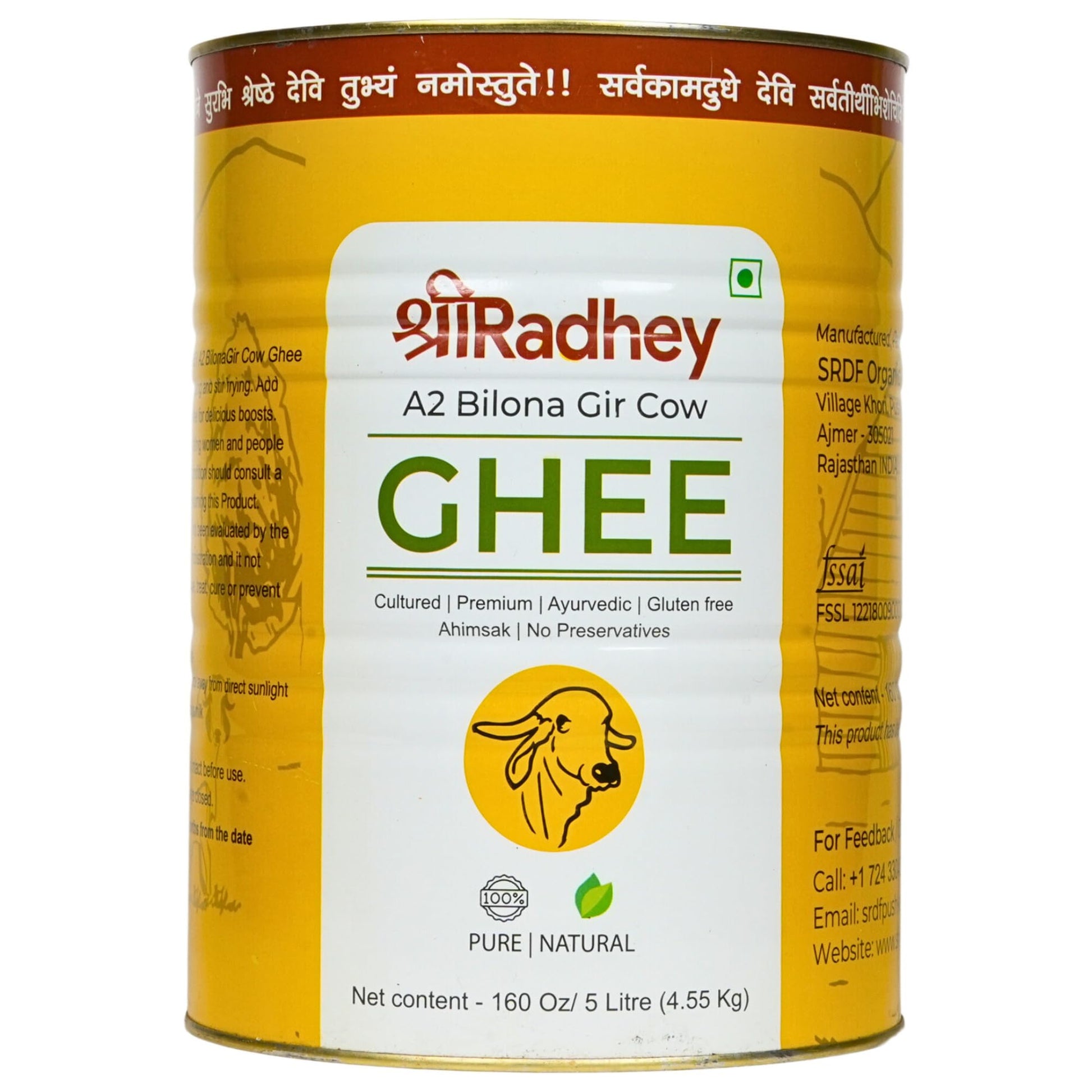SHREERADHEY A2 Bilona Gir Cow Ghee, 5 Litre, Pure, Natural, Lactose & Gluten Free, Keto Friendly, Food Grade TIN