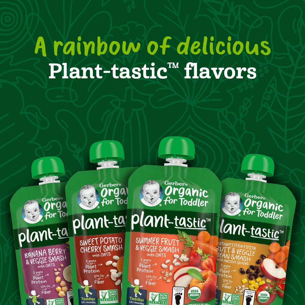 Gerber Organic Baby Food Pouches, Toddler, Plant-Tastic, Banana Berry & Veggie Smash, 3.5 Ounce (Pack Of 12)