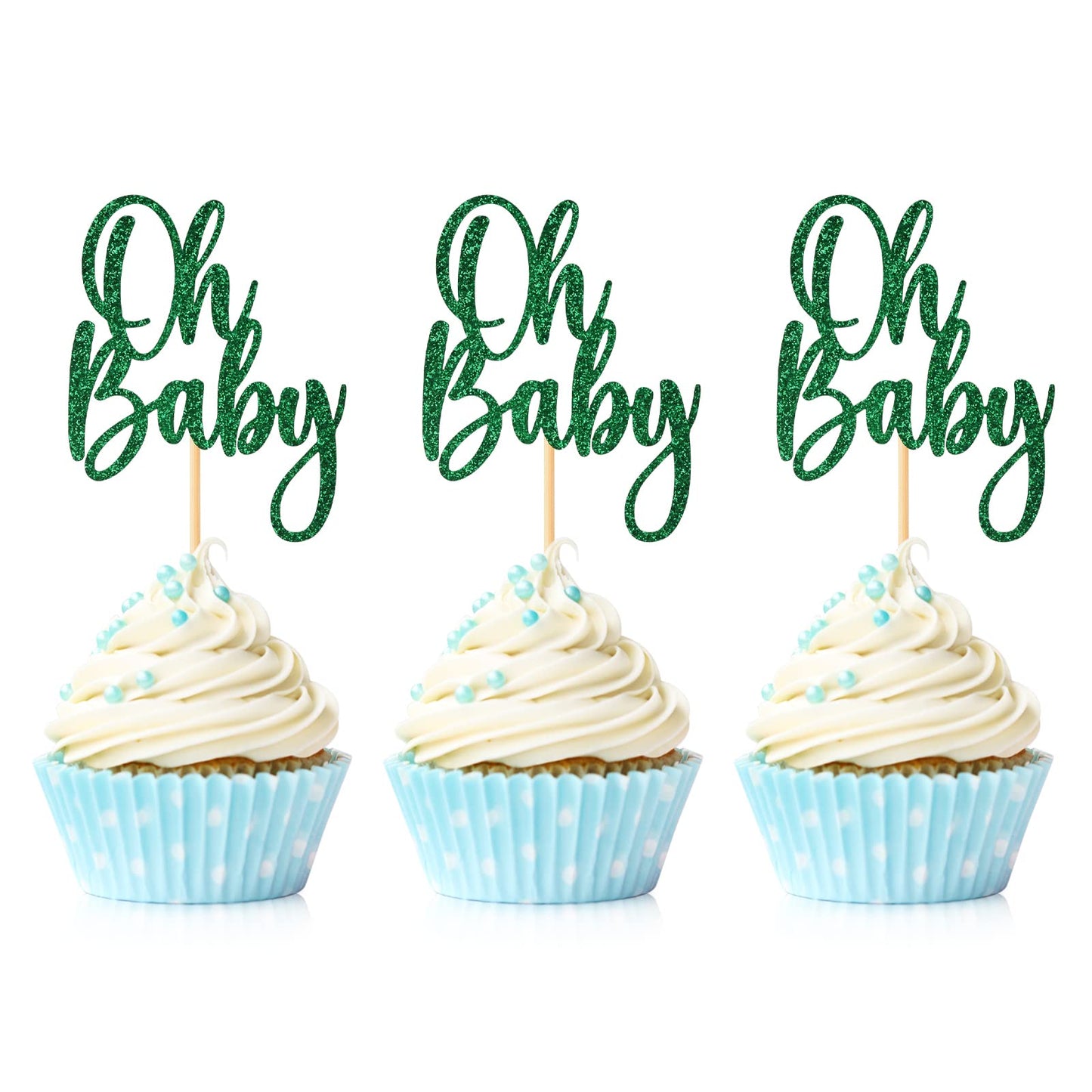24 Pieces Oh Baby Cupcake Topper Green Glitter Baby Shower Cake Decorations Boys Girls Birthday Party Supplies