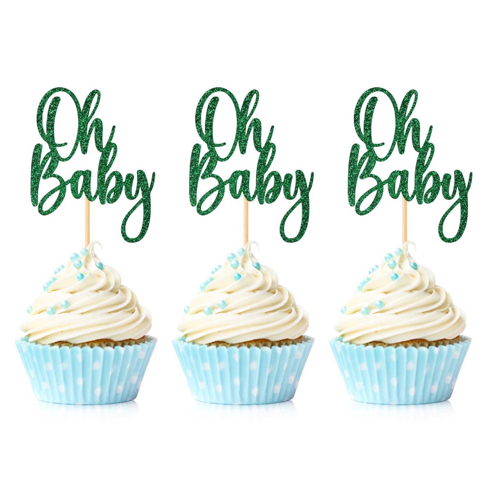 24 Pieces Oh Baby Cupcake Topper Green Glitter Baby Shower Cake Decorations Boys Girls Birthday Party Supplies