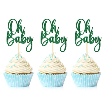 24 Pieces Oh Baby Cupcake Topper Green Glitter Baby Shower Cake Decorations Boys Girls Birthday Party Supplies