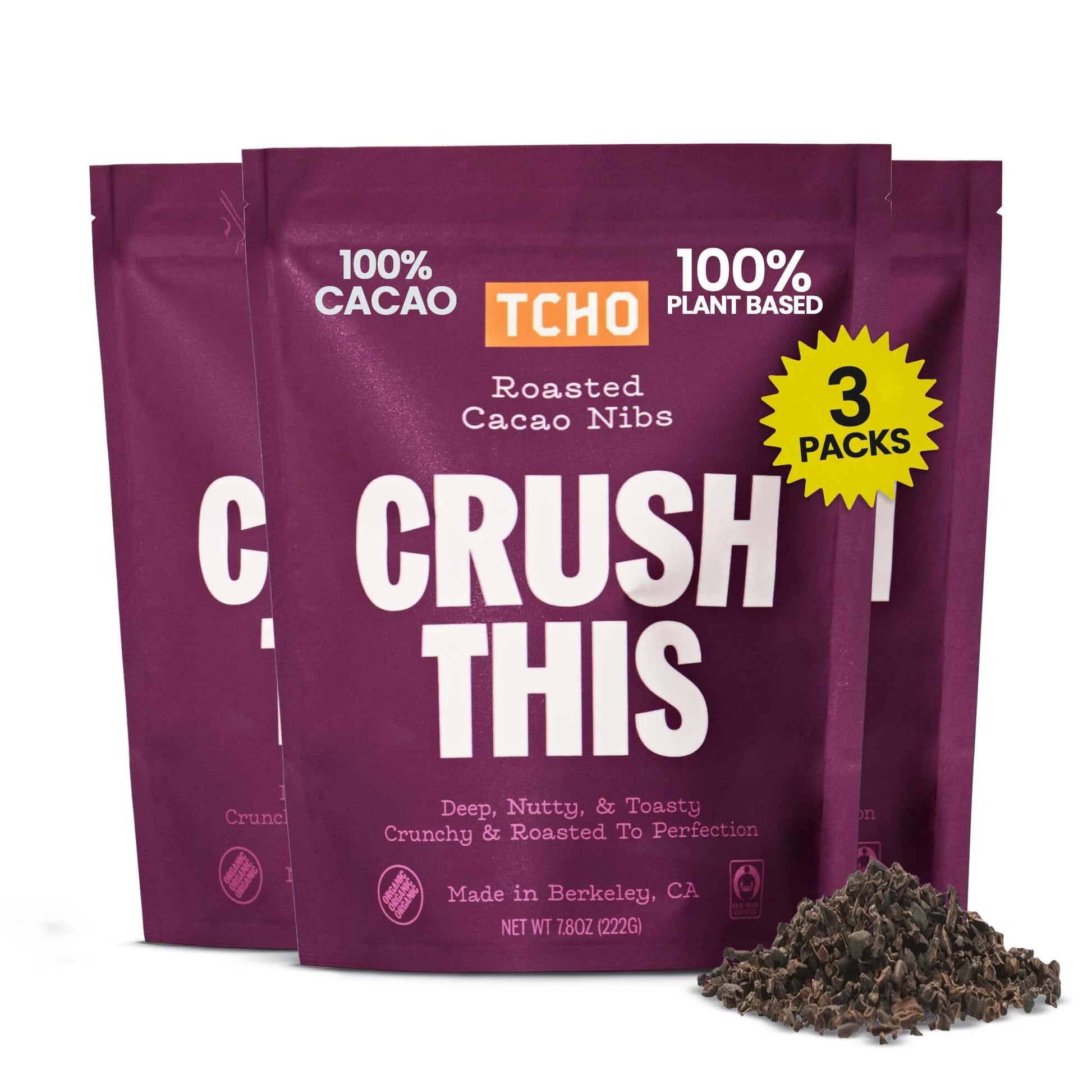 TCHO Cacao Nibs Organic Unsweetened (3 Pack) - Roasted, 100% Plant Based, Vegan Friendly, Non-GMO, Single-Origin, Non-Dairy, Fai