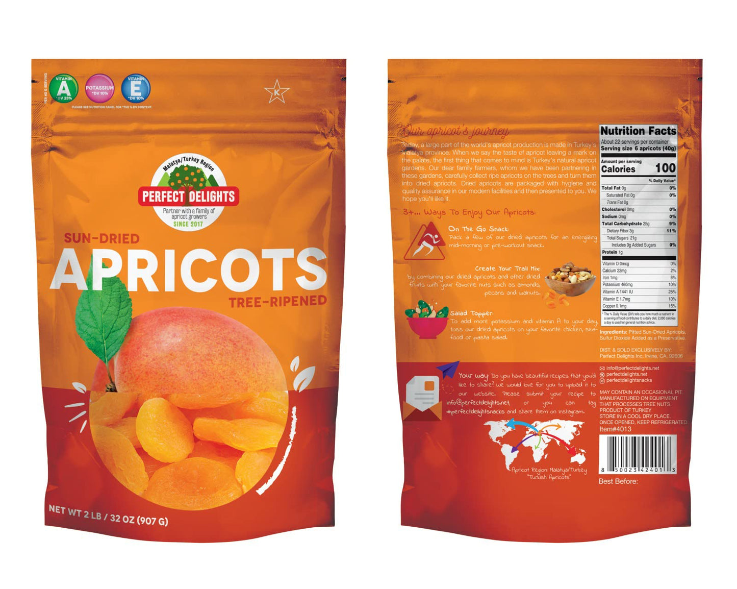 Perfect Delights Sun-Dried Turkish Apricots, Vegan & Healthy Fruit Snack for Kids and Adults - Single Pack (32 oz)