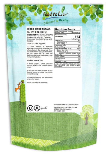 Food To Live Dried Diced Papaya, 8 Ounces Kosher, Vegan, Sweetened, Unsulfured, Bulk