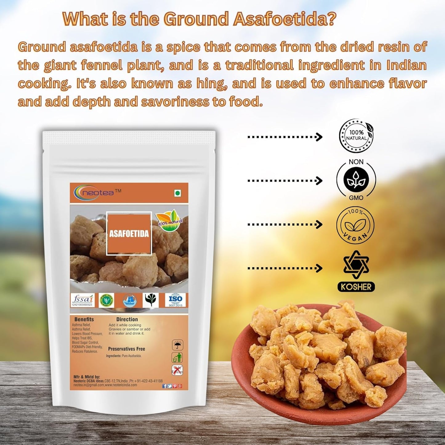 Neotea Organic Asafoetida | Pure Organic Hing | 300 Gm (10.58 Oz) | Hengu Ingu Kayam And Ting Whole | 100% Pure And Organic Food