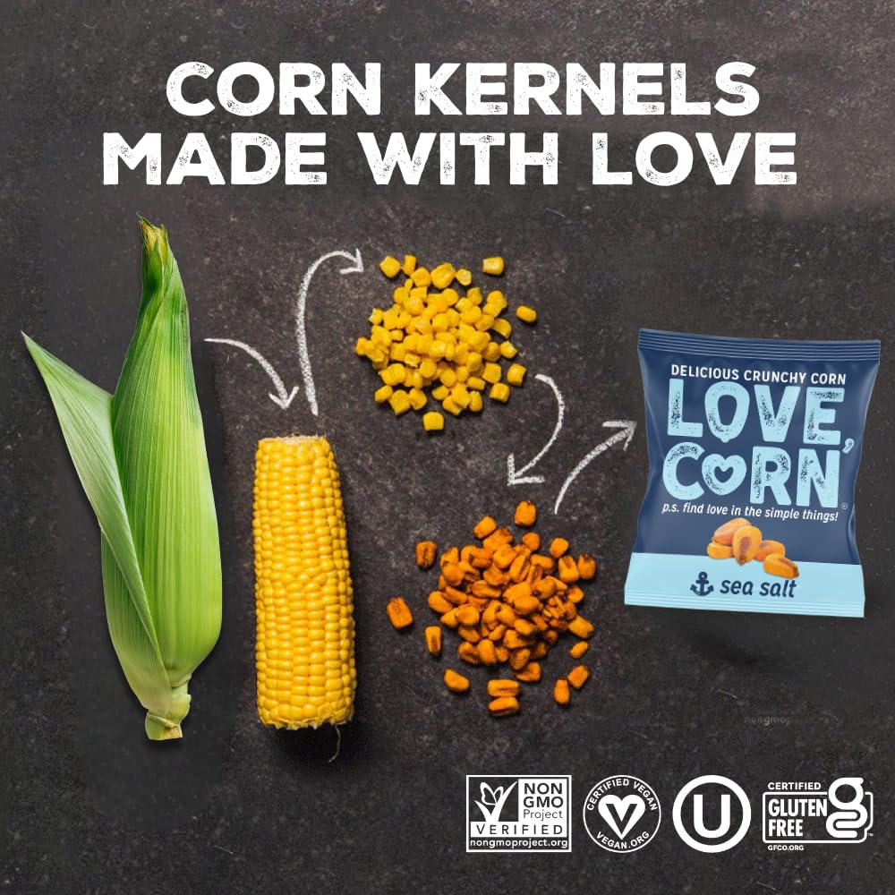 LOVE CORN Sampler Variety Pack 0.7oz x 8 Bags [2x Sea Salt  2x Sour Cream and Onion  1 Each of Cheddar  BBQ  Salt & Vinegar and Hot & Spicy] - Delicious Crunchy Corn - Healthy Family Snacks - Gluten Free  Kosher  NON-GMO