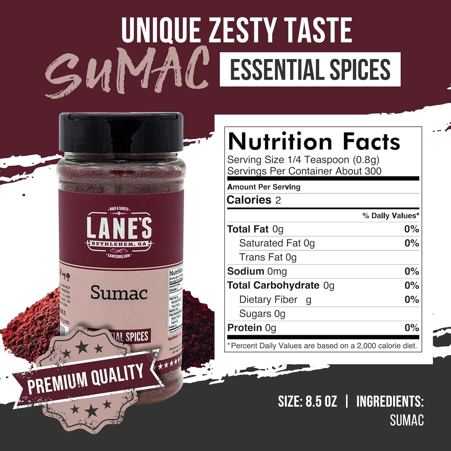 Lane'S Sumac Seasoning, All Natural Sumac Spice Powder For Eggplant, Chickpeas & Lentils, Sumac Powder Mediterranean Seasoning,