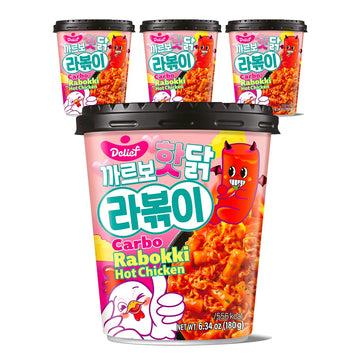 DELIEF Rabokki Carbo Hot Chicken Flavor 165g/6.34oz - Pack of 4, Korean Street Food, Ramen Noodle and Tteokbokki Rice Cake Combi