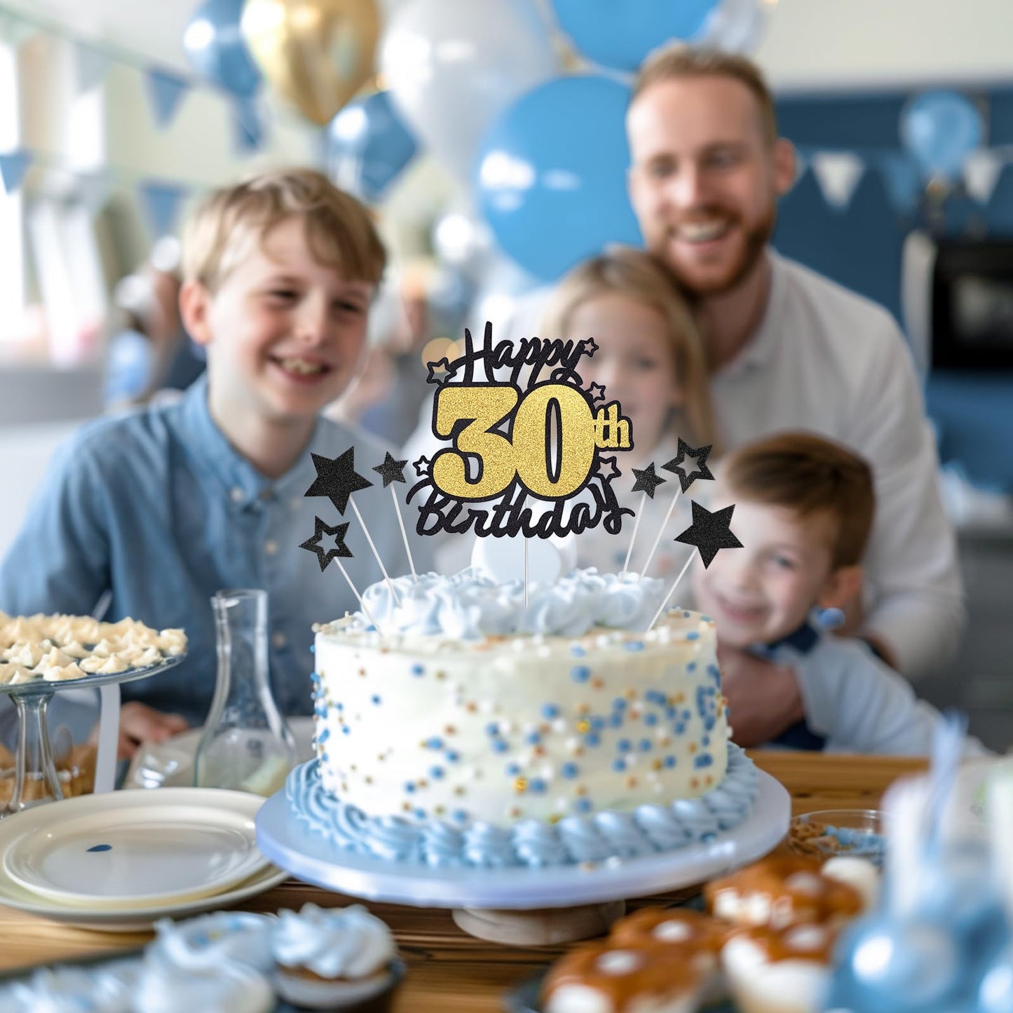 Happy 30Th Birthday Cake Topper, Black And Gold Glitter Cake Toppers, 30 Year Birthday Party Cake Decoration