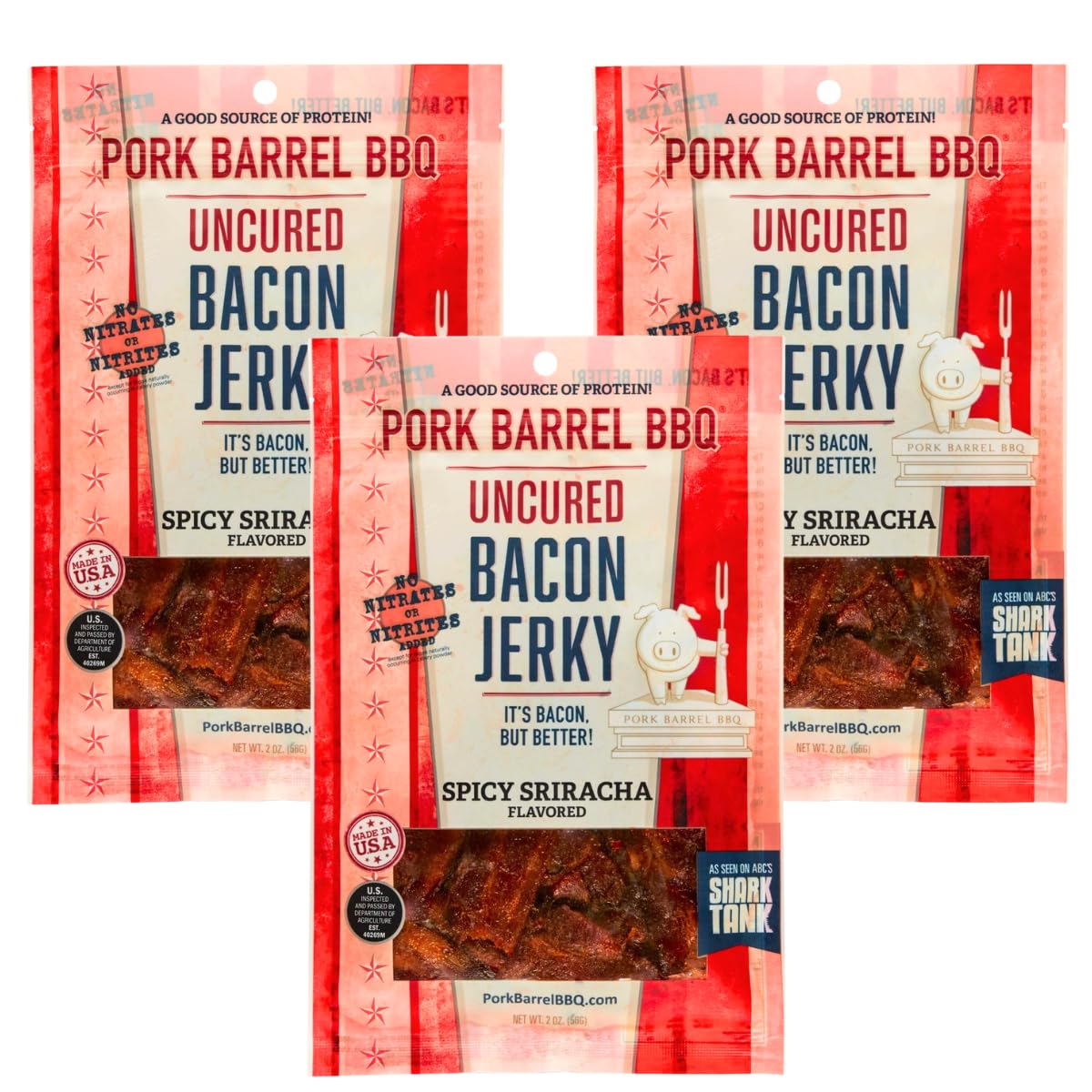 Pork Barrel BBQ Spicy Sriracha Bacon Jerky, Gluten Free Protein Snack, 2 oz - Pack of 3