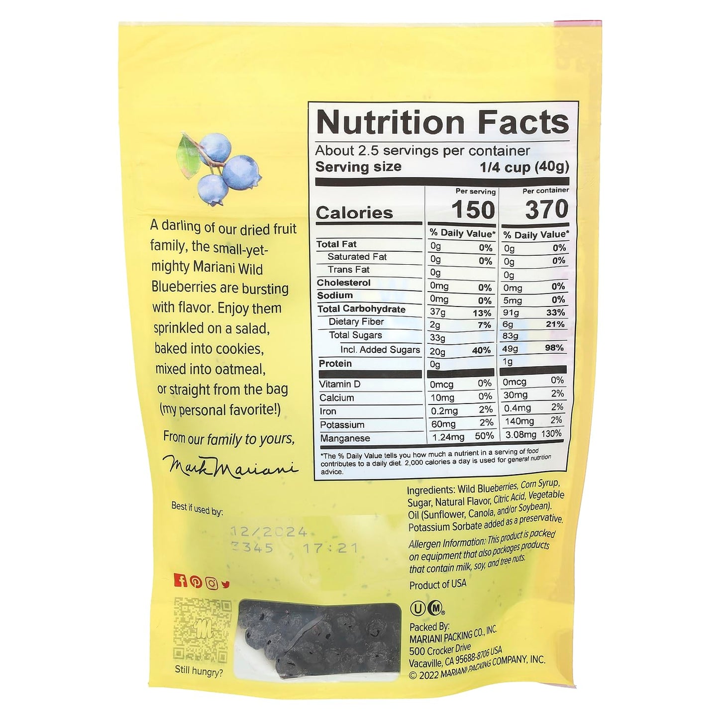 Mariani Premium Dried Wild Blueberries, 3.5 Ounce