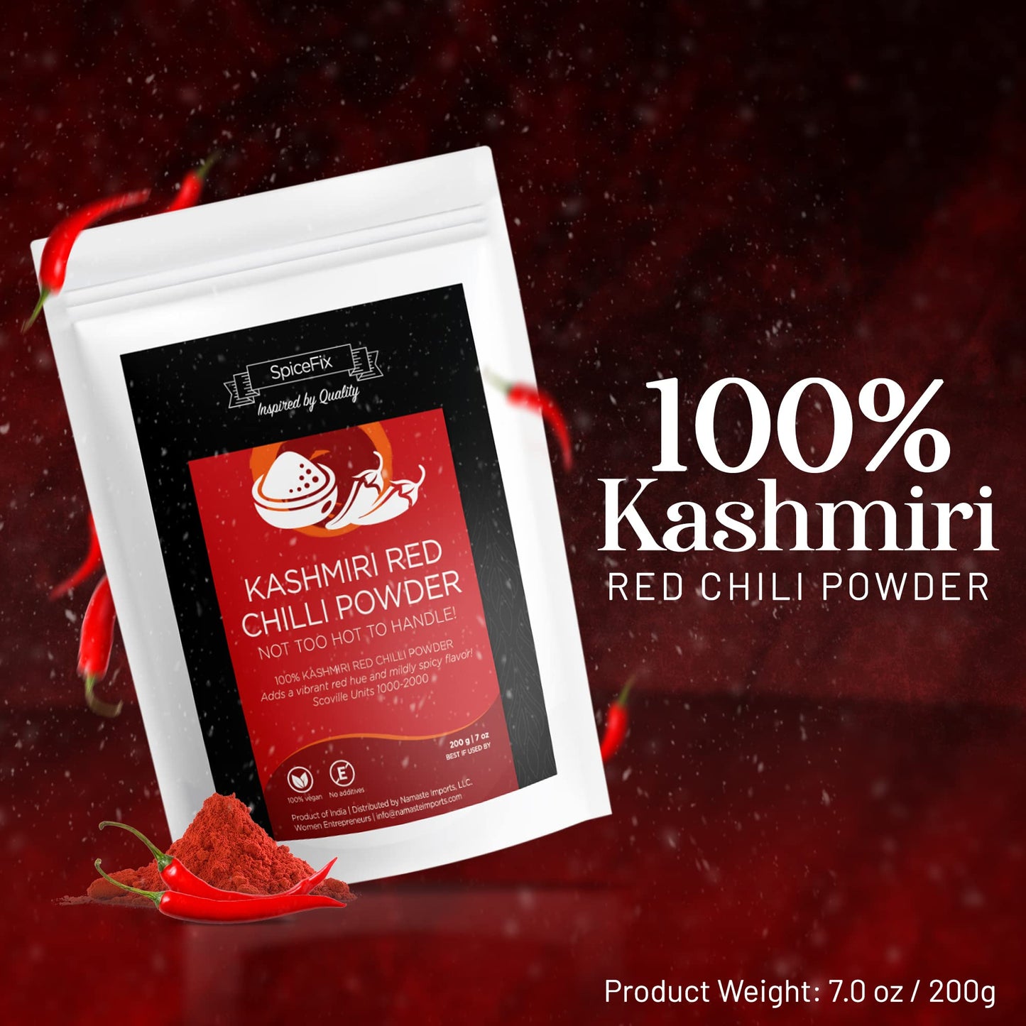 SpiceFix Kashmiri Red Chilli Powder - Mild to Medium Heat, Vegan, 7 Ounces, Deep Red, Resealable Bag