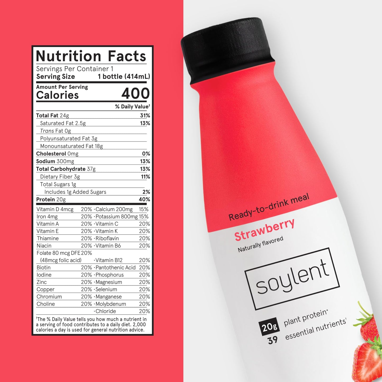 Soylent Complete Meal Replacement Shake, Strawberry, 20g complete protein, 28 vitamins & minerals, low sugar, 14oz (Single Bottl