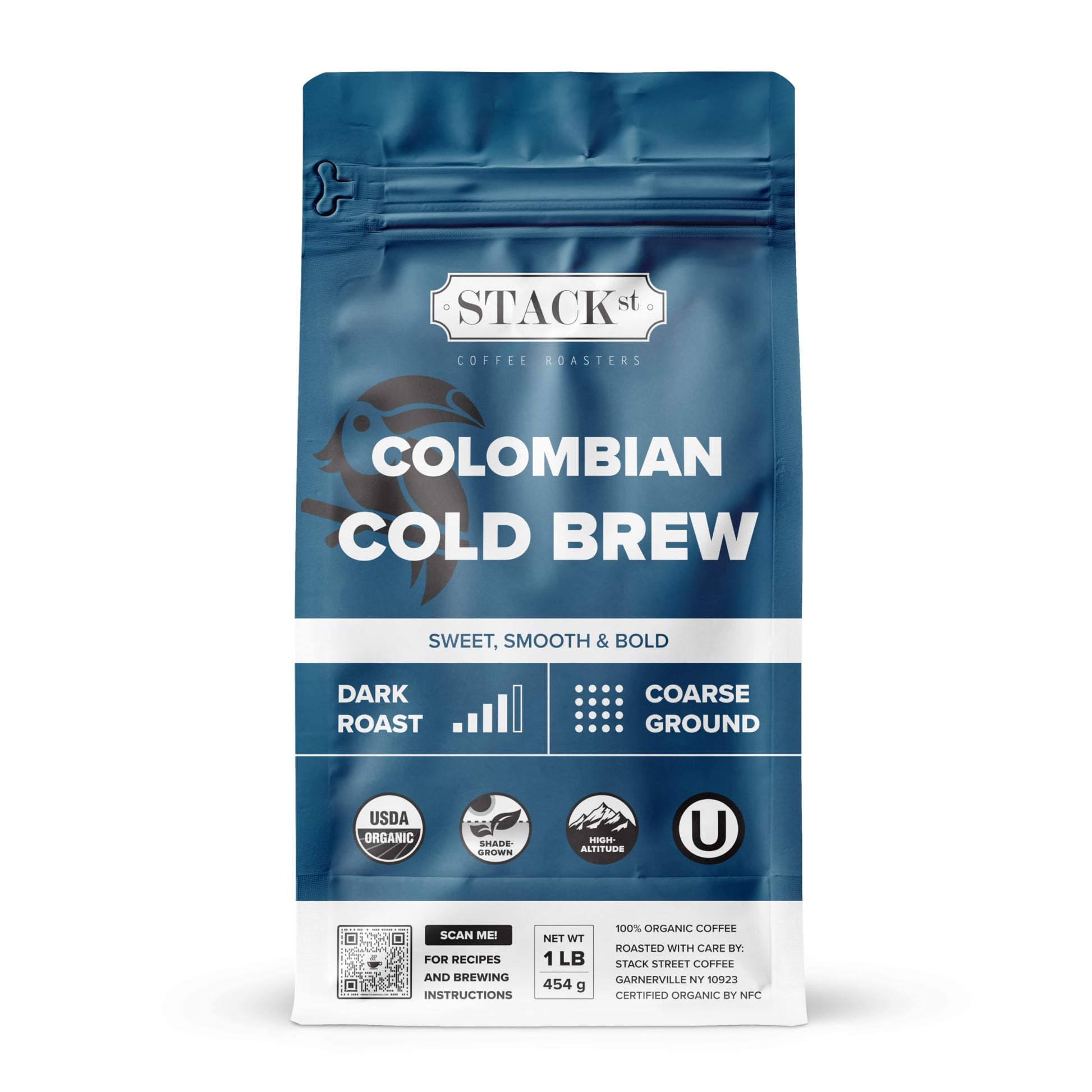 Stack Street Organic Cold Brew Coffee, Colombian Supremo, Dark Roast, 16 Ounce, Coarse Grind, 100% Arabica Beans, Single Origin