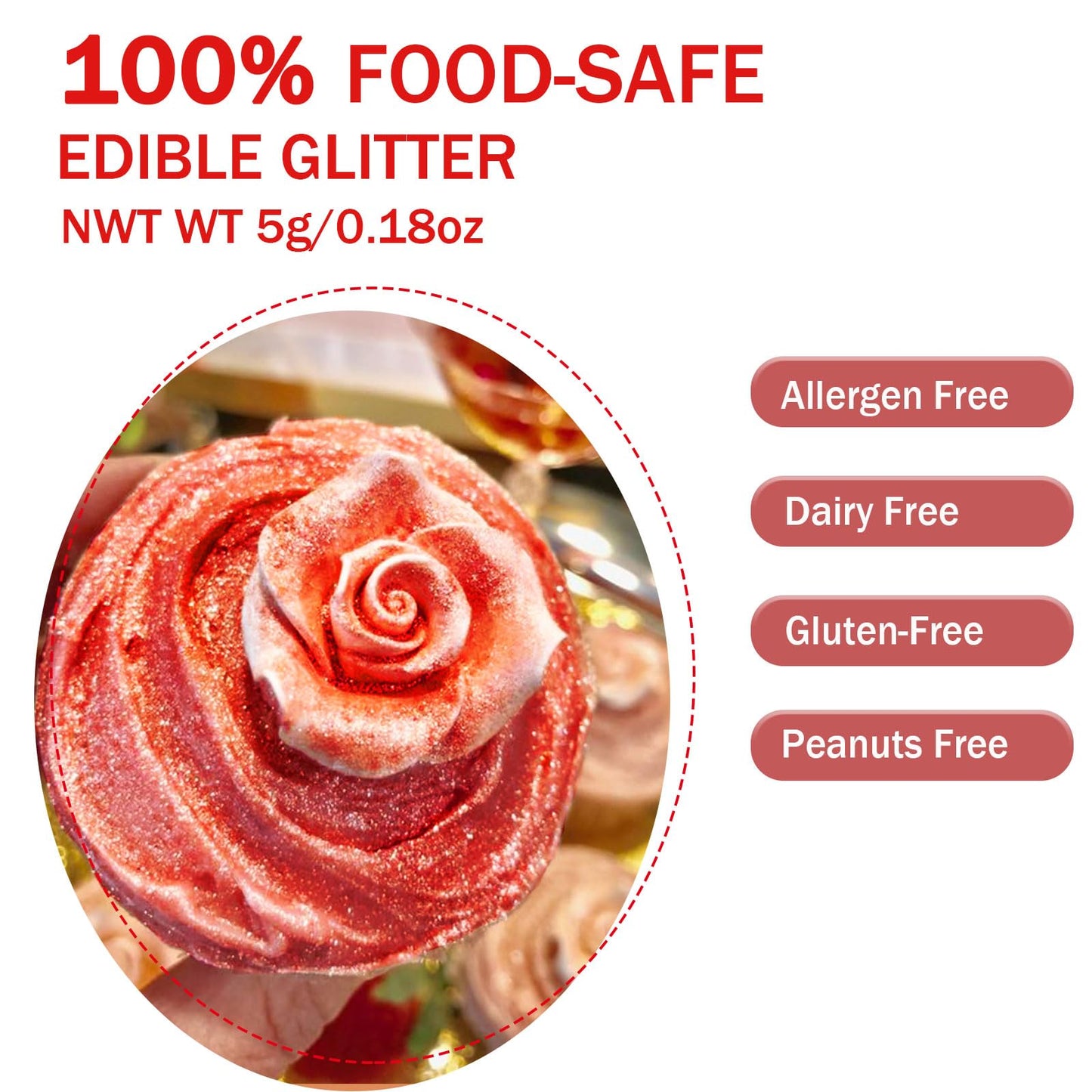 Colaele Red Edible Glitter Luster Dust, 5g Food Grade Metallic Powder for Cakes and Desserts