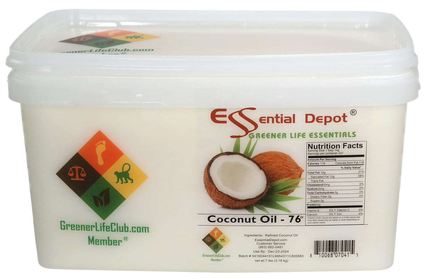 Coconut Oil 76F - Food Grade - 7 Lb In Pp Microwavable Container, Resealable Lid & Removable Handle