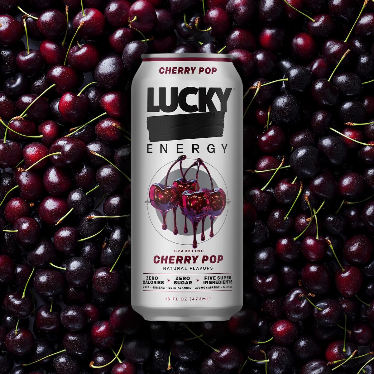 Lucky Energy Sugar Free Energy Drinks  Cherry Pop  16oz Cans (12-Pack) Healthy  Zero Sugar Energy Drink with Maca  Ginseng  Beta-Alanine  Taurine & 200mg Caffeine