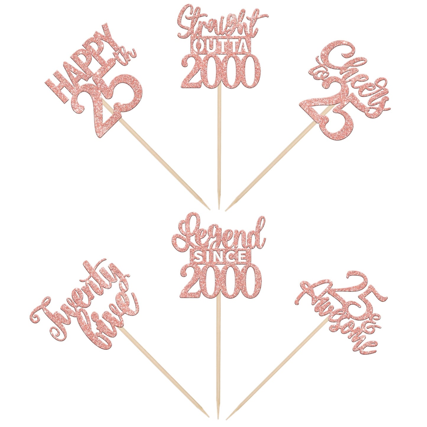 24Pcs Rose Gold Happy 25Th Birthday Cupcake Toppers Twenty Five Straight Outta 2000 Cupcake Picks Cheers To 25 Lengend Since 200